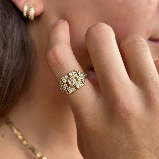 bague plaqué or ajustable ornée de zircons vintage 