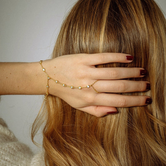 Bracelet bijou de main en acier inoxydable plaqué or orné de zircons blancs